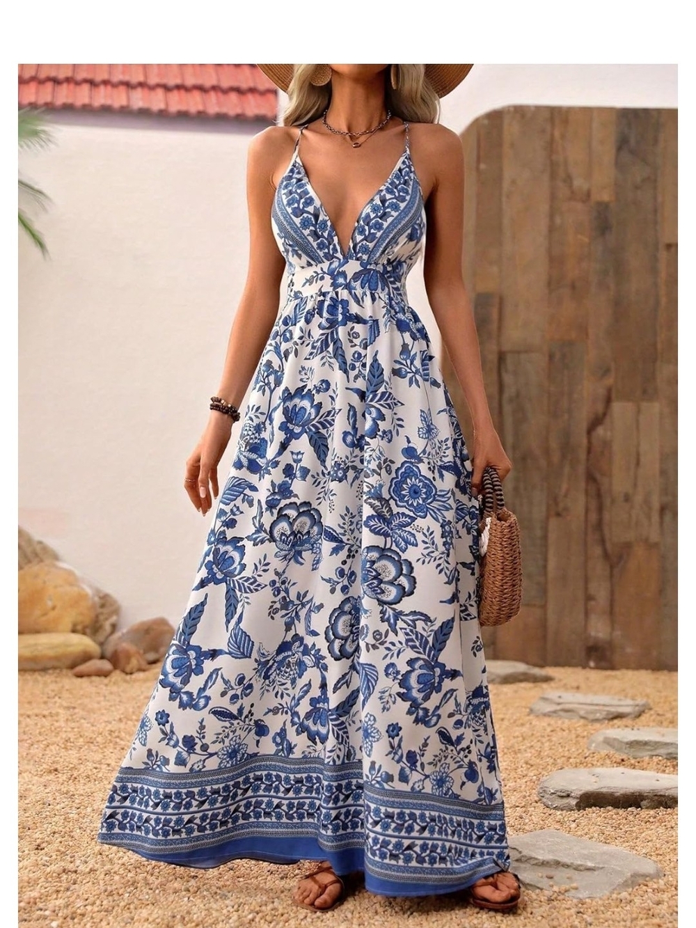 Bohemian Floral Maxi Dress - Blue and White